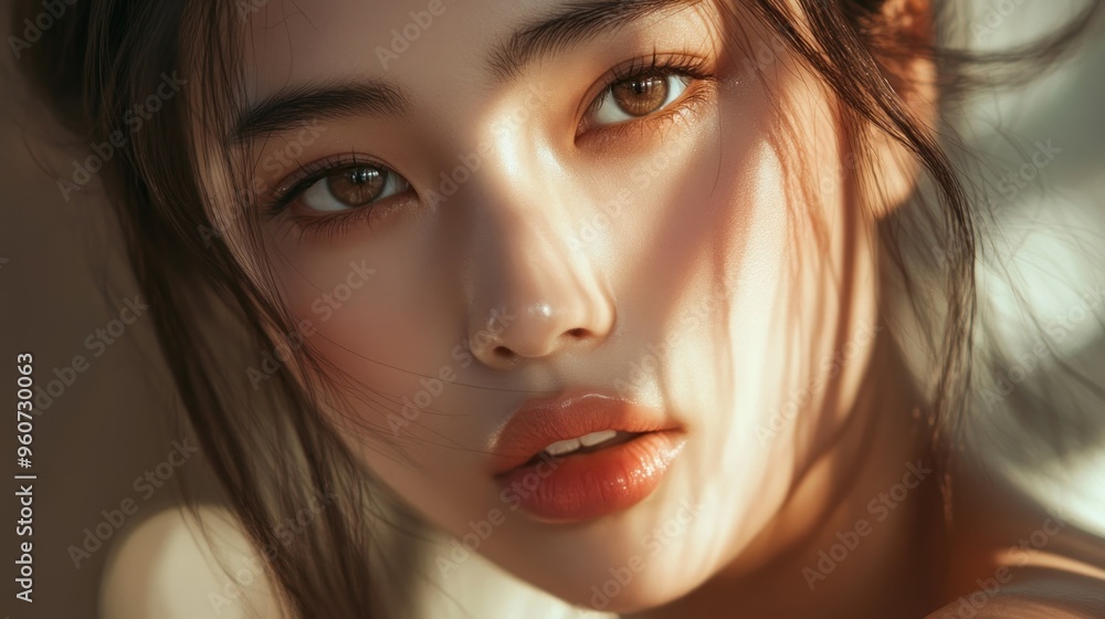 Close-up portrait of a woman's face with sunlight highlighting her features Close-up portrait of a woman's face with sunlight highlighting her features