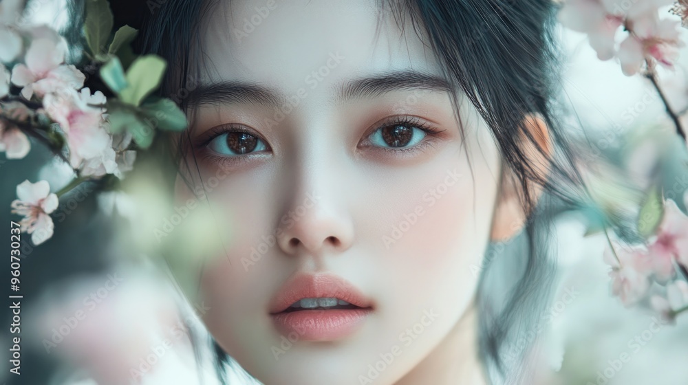 Close-up Portrait of a Woman with Delicate Pink Blossoms Framing Her Face Close-up Portrait of a Woman with Delicate Pink Blossoms Framing Her Face