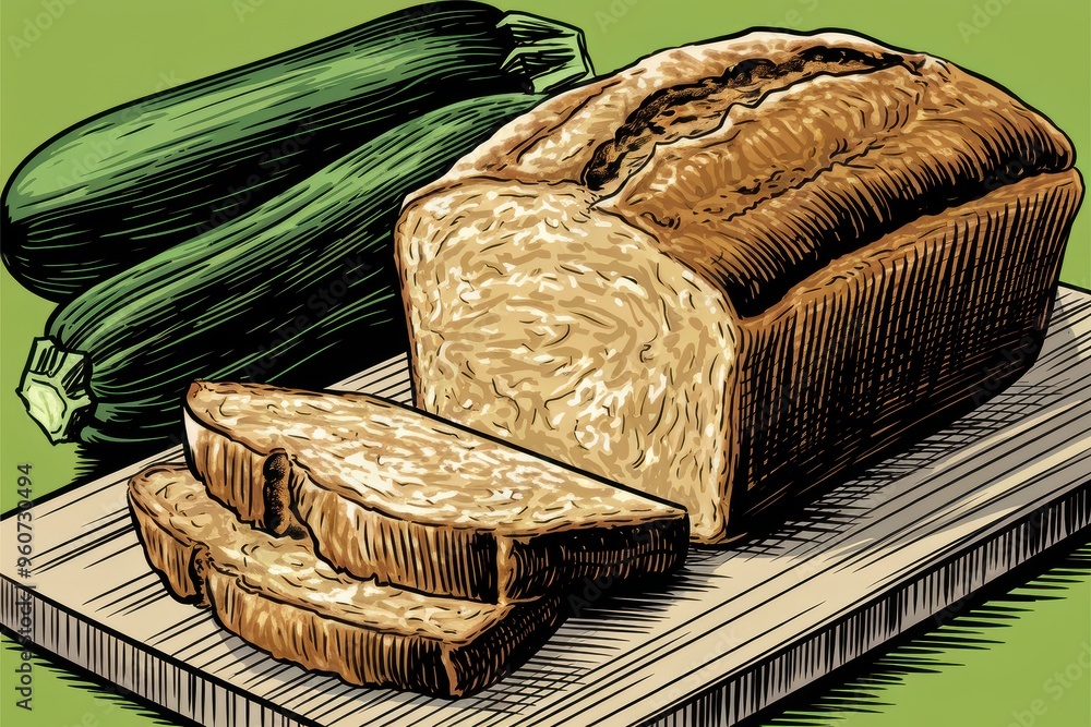 Obraz premium Artistic Bread and Zucchini Still Life on Wooden Board