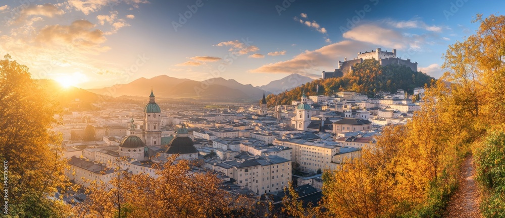 Fototapeta premium This photograph shows the colorful nighttime cityscape of Salzburg including the famous Hohensalzburg Fortress, along with a wonderful autumn landscape with a picturesque sky line. Salzburger Land,