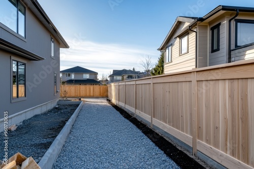 Long wooden fence surrounding backyard of urban home with clear blue sky