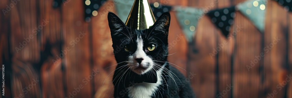 Tuxedo cat adorned with a metallic party hat Tuxedo cat adorned with a metallic party hat