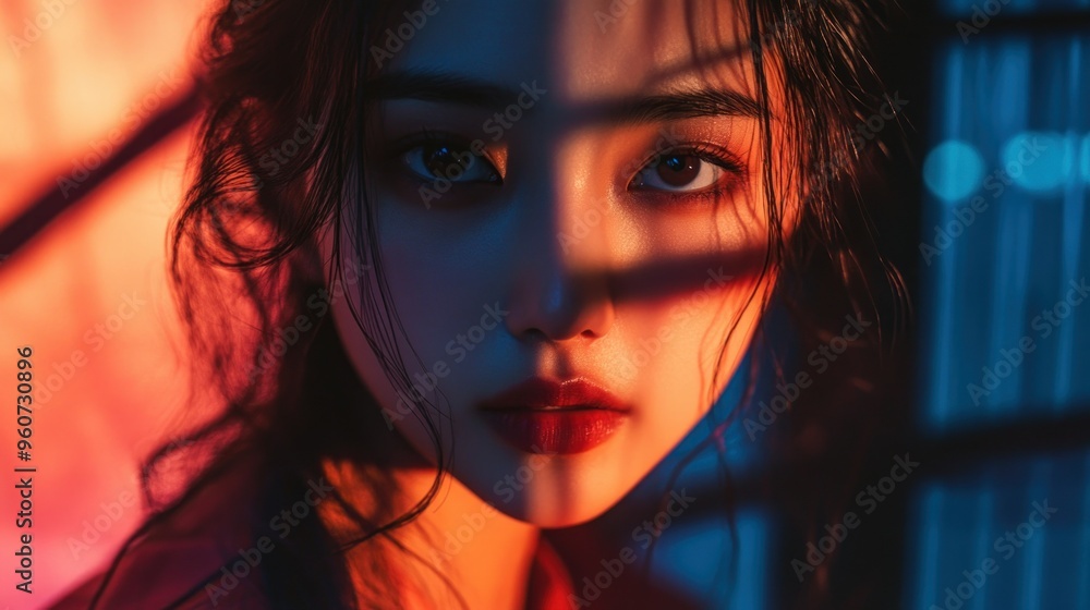 Close-up of a woman's face with red and blue lighting Close-up of a woman's face with red and blue lighting