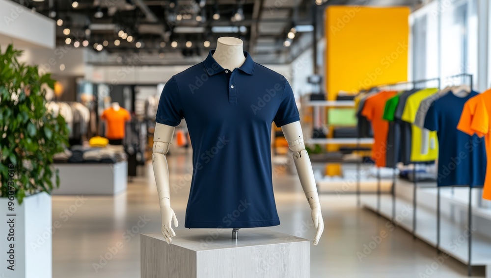 Navy blue shirt on mannequin with display windows showing other shirts Navy blue shirt on mannequin with display windows showing other shirts