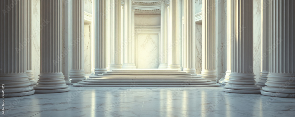 A classic stone podium made of smooth, white marble, set in an elegant, neoclassical setting with tall columns and marble floors. A classic stone podium made of smooth, white marble, set in an elegant, neoclassical setting with tall columns and marble floors.