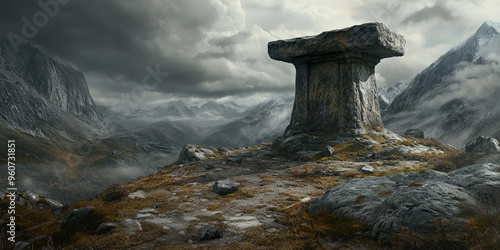 A rugged stone podium carved from rough-hewn rock, set in a windswept mountain pass with a dramatic, cloudy sky.