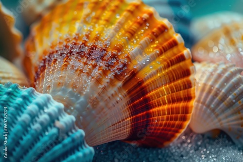 Close-up of colorful seashells with sandy texture photo