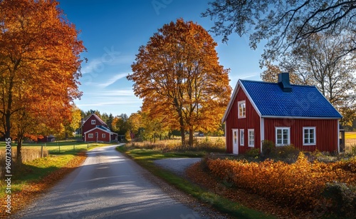 A traditional Finnish wooden house and an autumn tree in the country during the autumn.