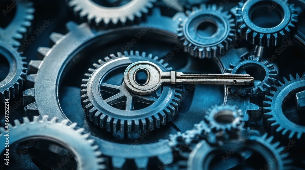 Key to Success: A Metallic Key Resting on a Set of Interlocking Gears Key to Success: A Metallic Key Resting on a Set of Interlocking Gears