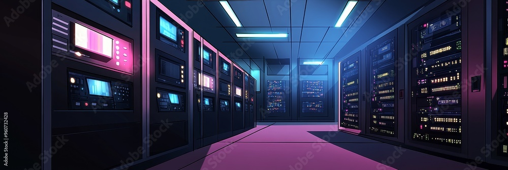 Fototapeta premium A long hallway with many computer monitors lit up in orange
