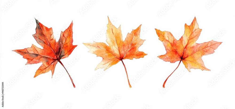 Isolated watercolor autumn maple leaves.