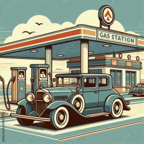 Car gas station in retro style. Classic car with gas station. Vector version.	