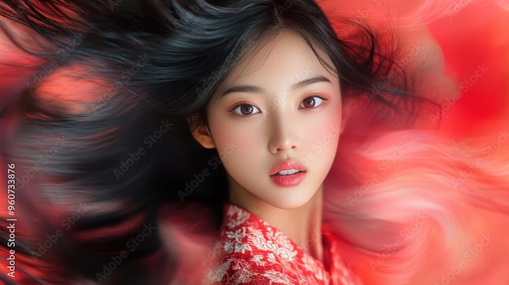 Portrait of a Woman with Long Black Hair and a Red Kimono Portrait of a Woman with Long Black Hair and a Red Kimono
