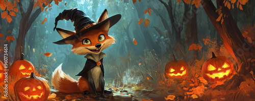 A sneaky fox with a sly grin, wearing a witch hat with a crooked brim, standing in an autumn forest with glowing jack-o'-lanterns. photo