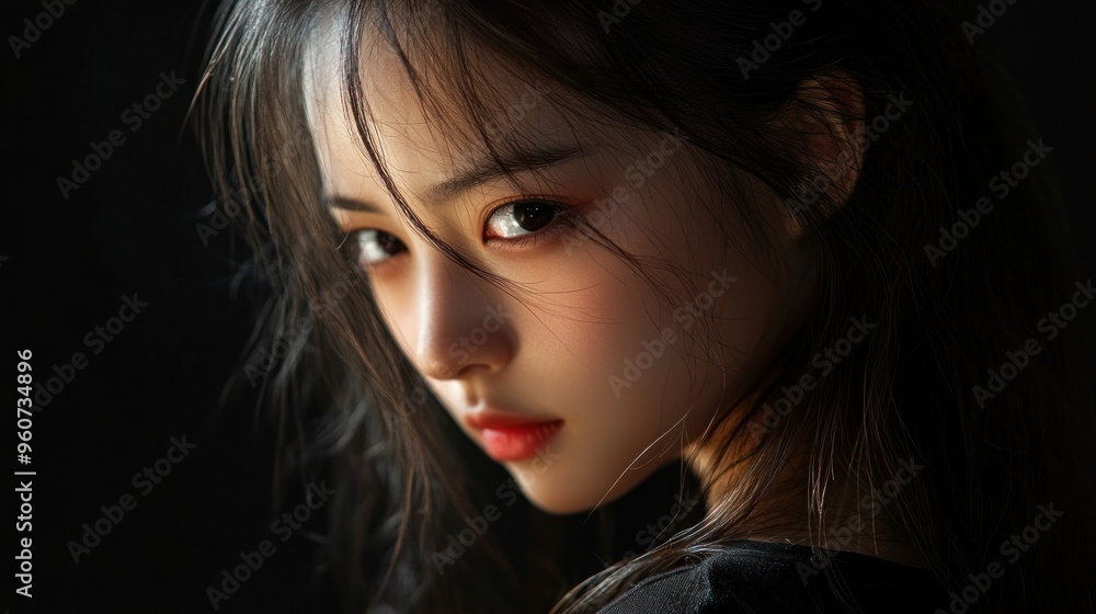 Close-up Portrait of a Young Woman with Dark Hair and Red Lipstick Close-up Portrait of a Young Woman with Dark Hair and Red Lipstick