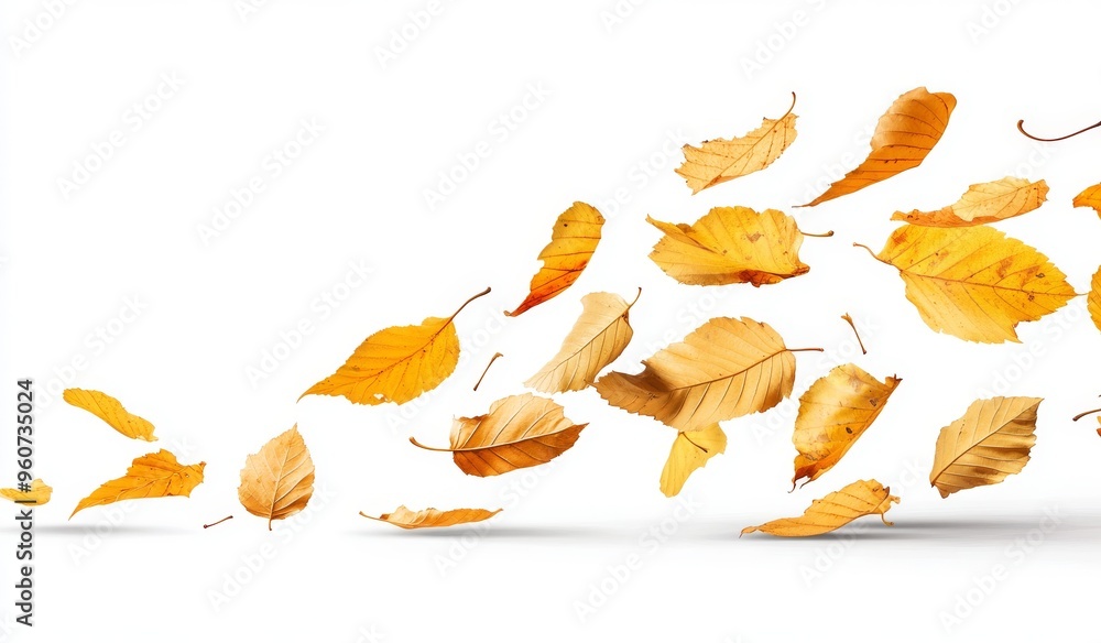 An autumn-themed background with falling leaves isolated on a white background An autumn-themed background with falling leaves isolated on a white background