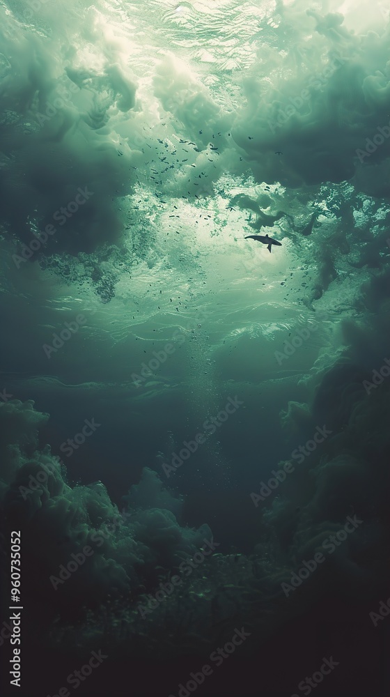 Underwater View of a School of Fish Swimming Towards the Surface Underwater View of a School of Fish Swimming Towards the Surface