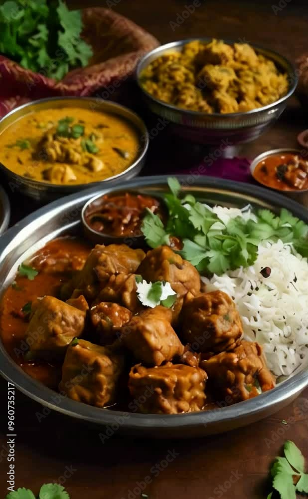 a traditional Indian meal. a variety of vibrant and richly colored dishes served on a banana leaf or a traditional stainless steel thali a traditional Indian meal. a variety of vibrant and richly colored dishes served on a banana leaf or a traditional stainless steel thali