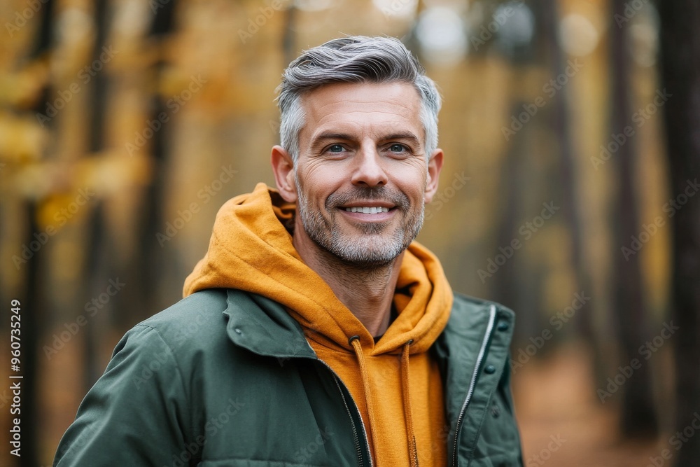 A smiling senior man stands in an autumn park in this portrait. A smiling senior man stands in an autumn park in this portrait.