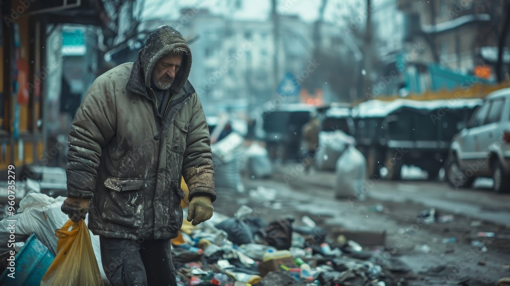 Homeless. A man in a brown jacket is shoveling trash. The scene is dirty and unkempt, with trash scattered around. The man is working hard, but the overall mood of the image is negative and unpleasant Homeless. A man in a brown jacket is shoveling trash. The scene is dirty and unkempt, with trash scattered around. The man is working hard, but the overall mood of the image is negative and unpleasant