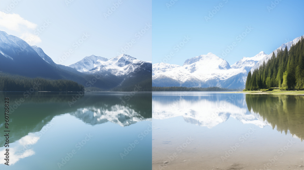 Split View of Snowy Mountain Range Reflected in Still Lake Split View of Snowy Mountain Range Reflected in Still Lake