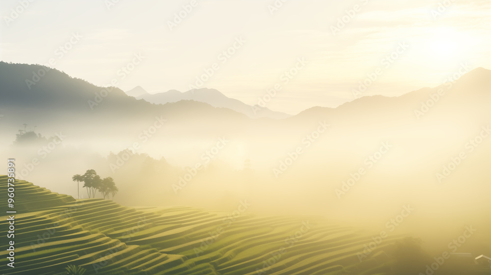 Obraz premium Misty Hills with Rice Terraces and Palm Trees at Sunrise