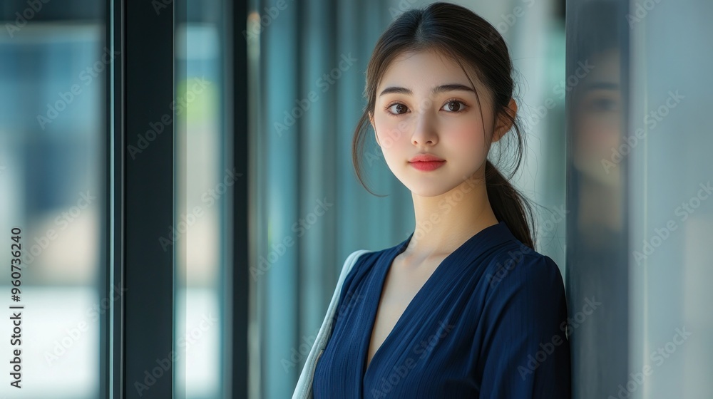 Young Woman in Blue Dress by Window Young Woman in Blue Dress by Window