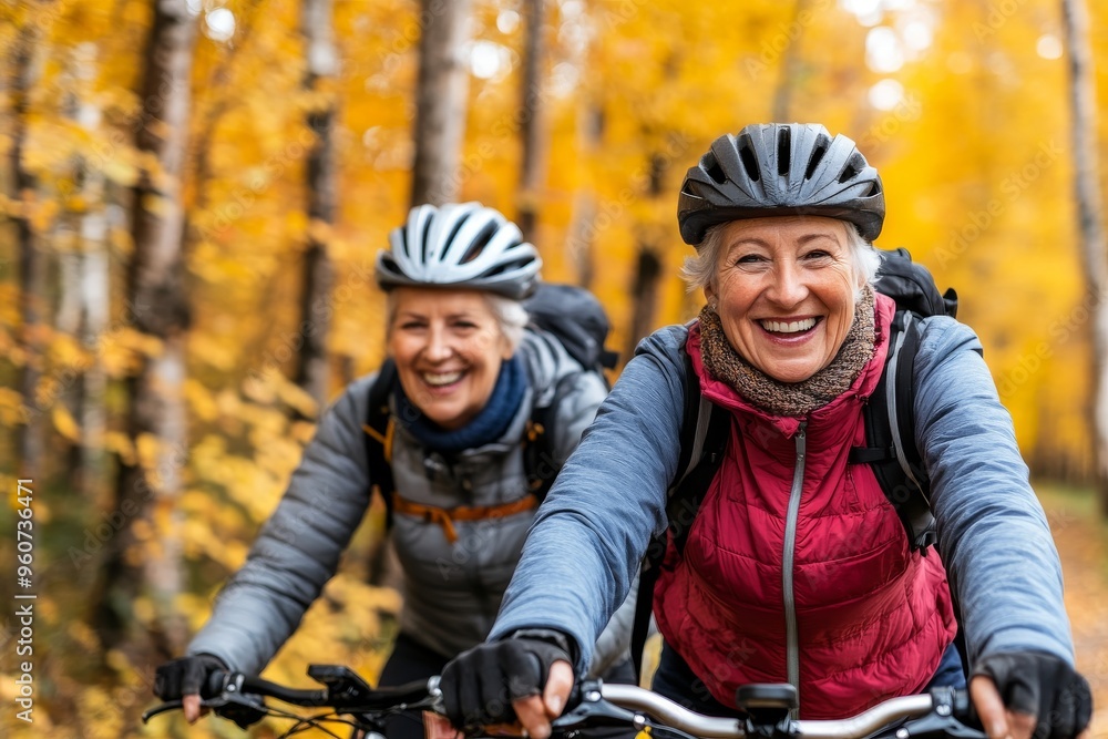 Active senior couple riding bicycles in a yellow-leaved autumn park. Active senior couple riding bicycles in a yellow-leaved autumn park.