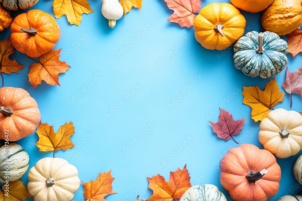 A pastel blue background with orange, white, and pink pumpkins A pastel blue background with orange, white, and pink pumpkins