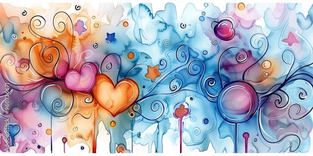 Obraz premium A pattern of cute hearts with floral swirls, abstract splashes, and vibrant colors on a soft watercolor background, for a valentine card.