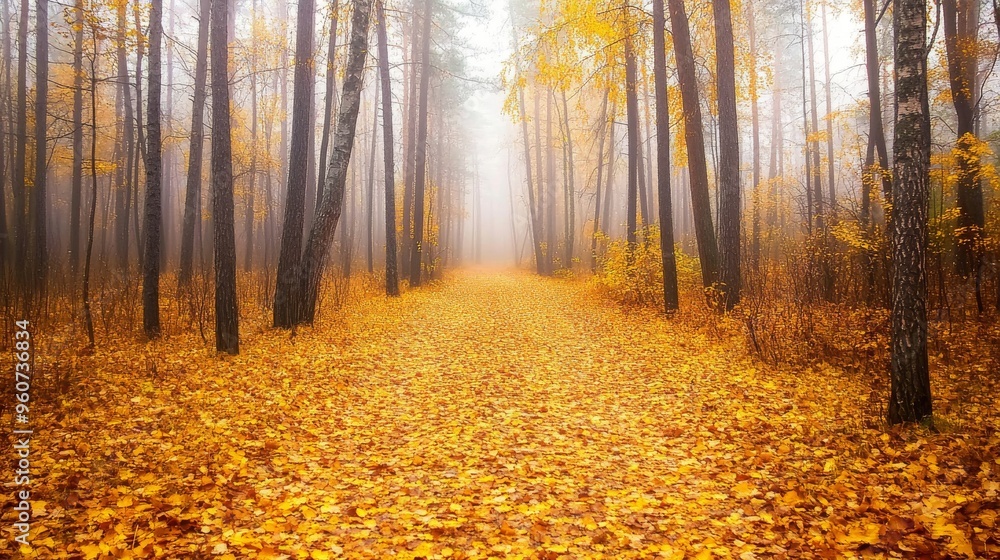 Obraz premium In the morning forest, the trees have yellow and orange leaves. Beautiful backdrop.