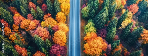 View of autumn forest with long road passing by, background of nature banner, generative AI