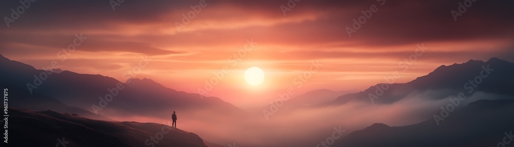 Serene sunrise over misty mountains with a lone figure standing on a peak, encapsulating the beauty of nature and tranquility in the early morning. Serene sunrise over misty mountains with a lone figure standing on a peak, encapsulating the beauty of nature and tranquility in the early morning.
