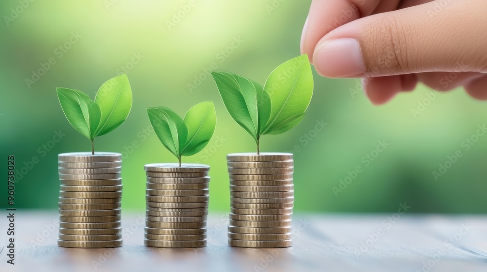 A hand is placing a leaf on top of stacks of coins, AI A hand is placing a leaf on top of stacks of coins, AI