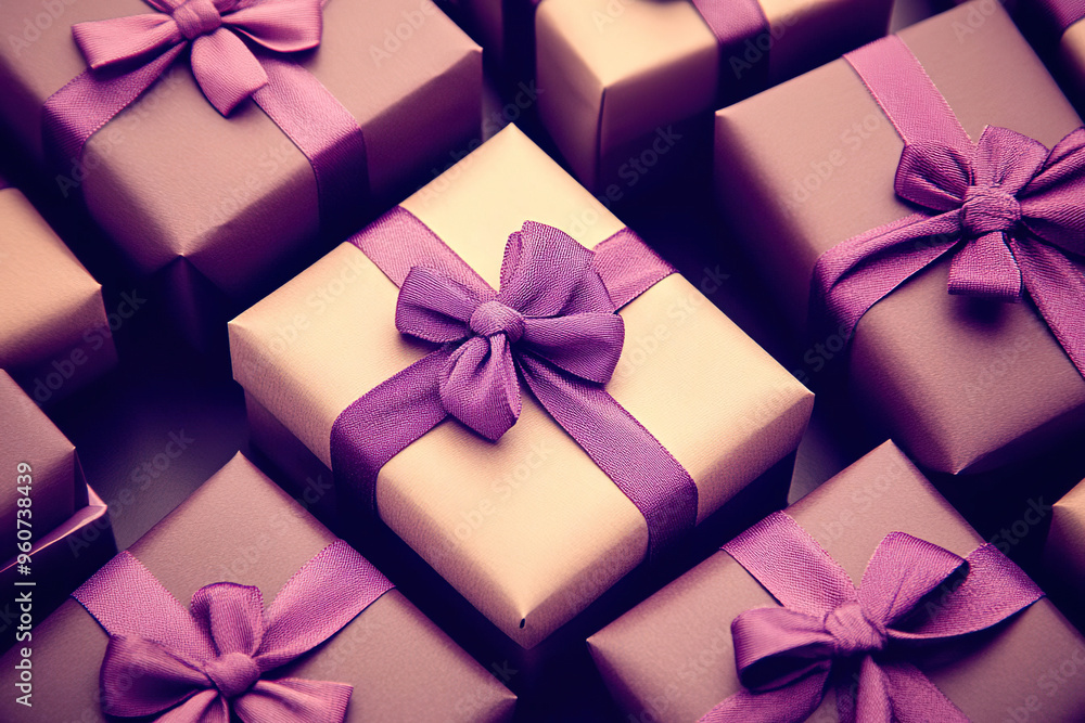 A close-up of a group of gift boxes wrapped in brown paper with purple ribbons. They are arranged in a pattern on a white background. Generated with AI. A close-up of a group of gift boxes wrapped in brown paper with purple ribbons. They are arranged in a pattern on a white background. Generated with AI.
