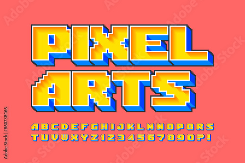 Pixel vector alphabet design, stylized like in 8-bit games. High contrast and sharp, retro-futuristic.