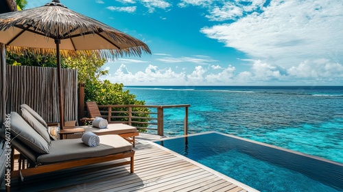 Maldive. Luxury room balcony with a comfortable wooden deck, sun loungers, umbrella, curtained sofa bed, and infinity pool that faces the ocean. photo