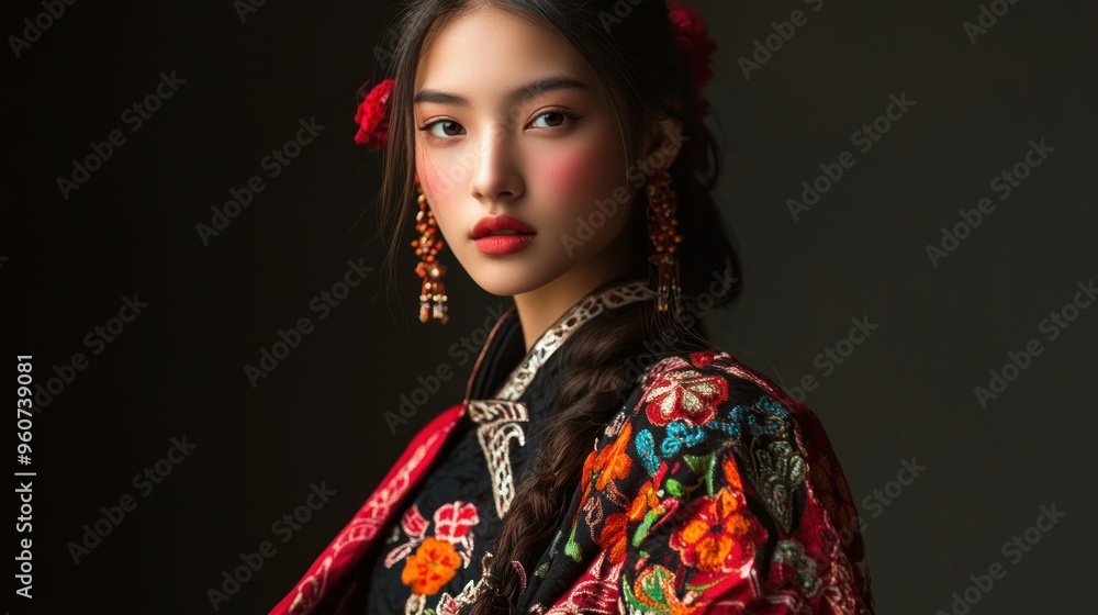 Portrait of a Woman in a Traditional Asian Dress with Floral Embroidered Details Portrait of a Woman in a Traditional Asian Dress with Floral Embroidered Details
