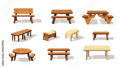 Benches in gardens. Set featuring picnic tables, park benches, trash cans, and outdoor furniture. Outside leisure items: a solitary collection of objects, an empty wooden table with chairs.