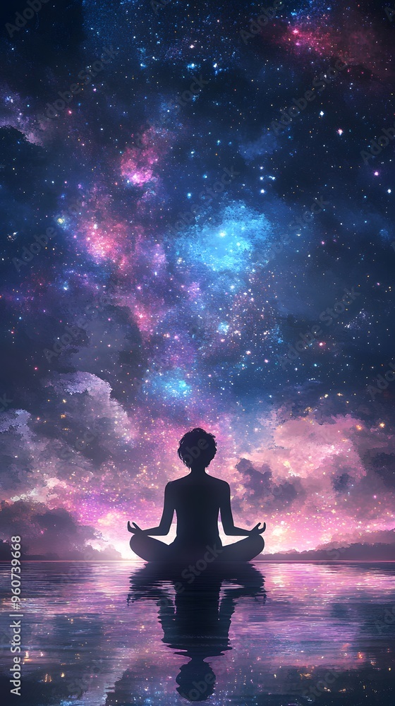 A person sitting in a lotus position, meditating with their eyes closed; a serene lake under the starry sky A person sitting in a lotus position, meditating with their eyes closed; a serene lake under the starry sky