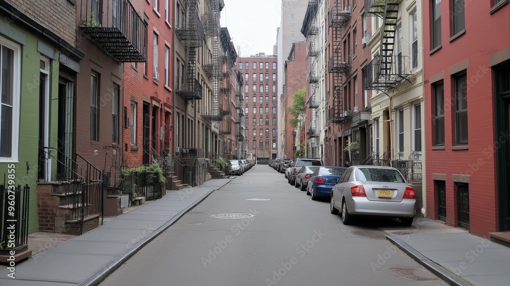 Historic narrow brownstone street, with fire escapes on buildings. AI generated Historic narrow brownstone street, with fire escapes on buildings. AI generated