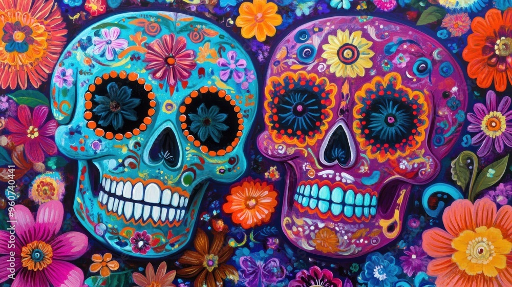 Naklejka premium Sugar Skulls with Floral Motifs