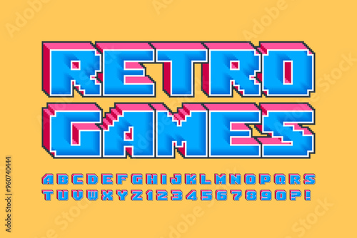 Pixel vector alphabet design, stylized like in 8-bit games. High contrast and sharp, retro-futuristic.