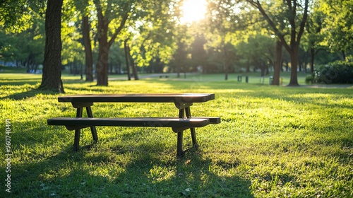 Park Bench Seating Picnic Table: Unwind outside. Tables and benches on verdant grass in a park.