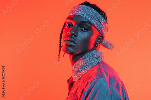 Trendy Light Gray Bandana with Solid Neon Coral Fashionable Mens Lifestyle Portrait Background