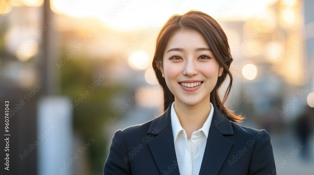 Portrait of a Smiling Young Woman in a Suit Against a Blurred Background Portrait of a Smiling Young Woman in a Suit Against a Blurred Background