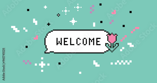 Pixel speech bubble text saying Welcome with flower and sparkles. Y2k sticker in pixel art. 8 bit retro style vector background. Simple geometric form. Mood of 90's aesthetics. Game abstract element