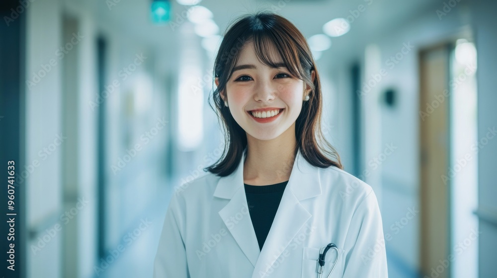Portrait of a Smiling Female Doctor in a Hospital Corridor Portrait of a Smiling Female Doctor in a Hospital Corridor