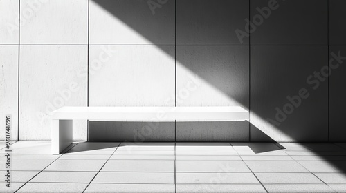 Black and white picture on a white bench resting on cube tiles against a background wall