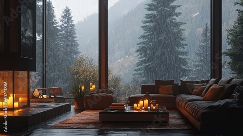 Cozy interior room design with rain